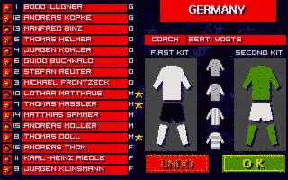 Sensible Soccer: European Champions - 92/93 Edition (Atari ST) screenshot: Team editor: player names, faces, colours can be changed