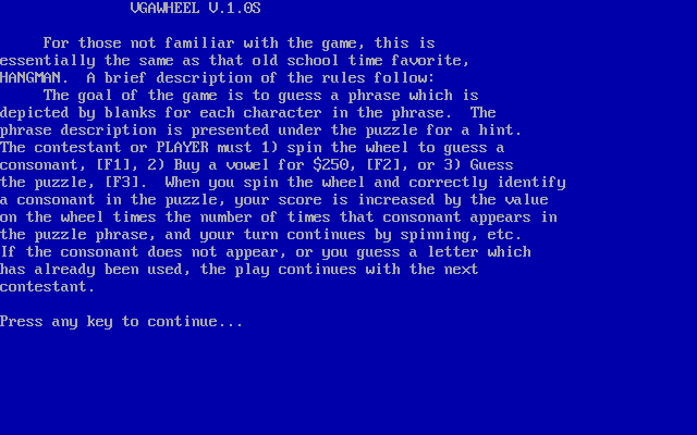 VGAWHEEL (DOS) screenshot: If the player answers Yes to the "Do you want to look at the game instructions " option on the menu screen they get three screens of text like this