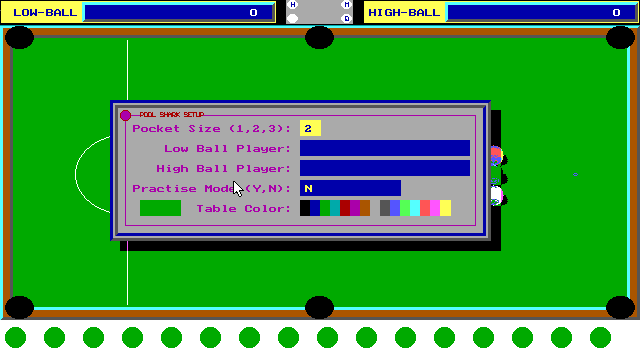 Pool Shark (DOS) screenshot: Some of the game's configuration options