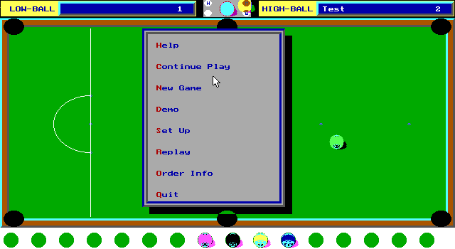 Pool Shark (DOS) screenshot: In the top menu bar, between the player's names, are four options. One brings up the help text, another brings up this menu