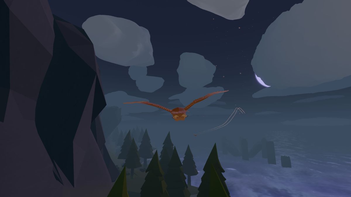 Feather (Windows) screenshot: At night, meeting another human player as a fellow bird. You can call out if you like.