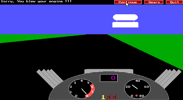 Dragcity U.S.A. (DOS) screenshot: Some tweaking options can have a negative result as shown by this blown engine message