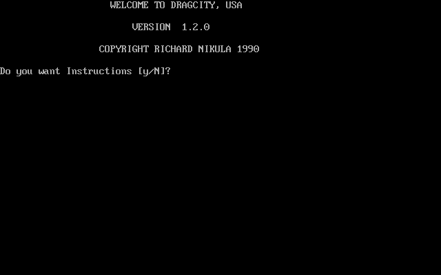 Dragcity U.S.A. (DOS) screenshot: The game's title screen isn't much to look at but it does the job