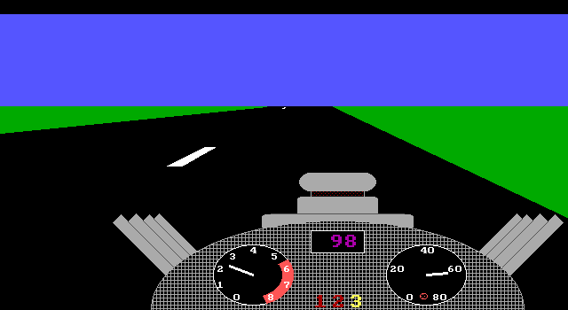 Dragcity U.S.A. (DOS) screenshot: The race is underway. The car is in top gear and is accelerating down the strip.