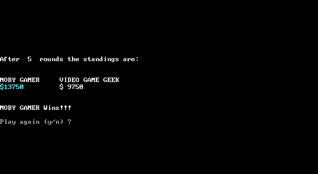 VGAWHEEL (DOS) screenshot: After five rounds the game is over.