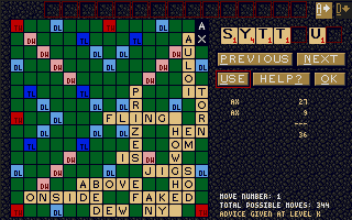 Scrabble (Atari ST) screenshot: In non-competition modes you can request help from computer