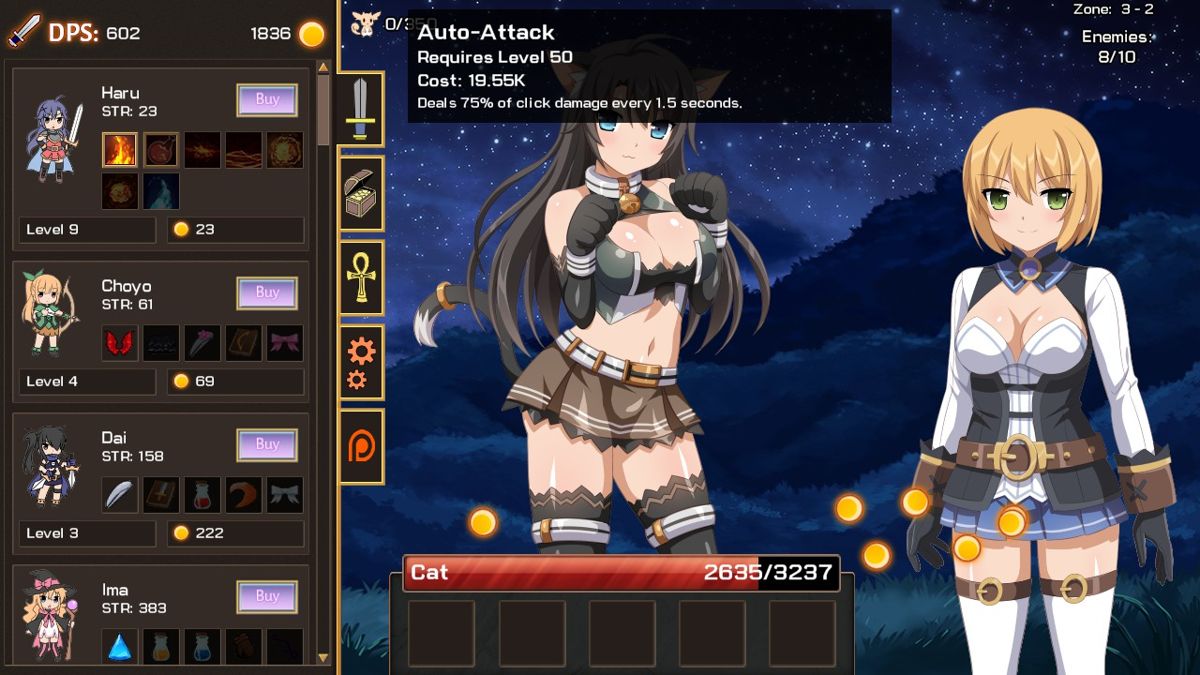 Sakura Clicker (Windows) screenshot: I don't have enough gold to buy auto-attack at the moment