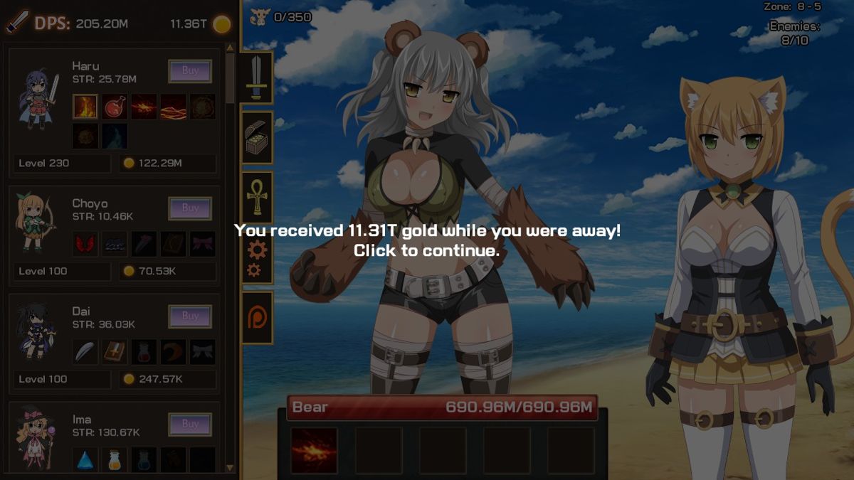 Sakura Clicker (Windows) screenshot: Wow I got plenty of gold while not playing this game.