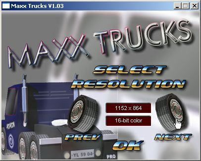 Maxx Trucks (Windows) screenshot: when the game first loads the player is prompted to select a screen resolution. The highest resolution is 1600x1200x32