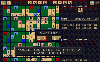 Scrabble (Atari ST) screenshot: "Moby" wins, but do not want to print the results