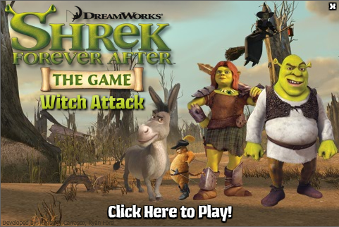 Donkey's Christmas Shrektacular (Windows) screenshot: The title screen for Witch Attack.