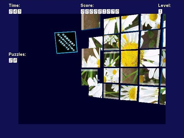 2D 3D Puzzle Flowers No1 (Windows) screenshot: The scrambled image floats around within its frame. Sometimes a significant chunk of the picture is hidden