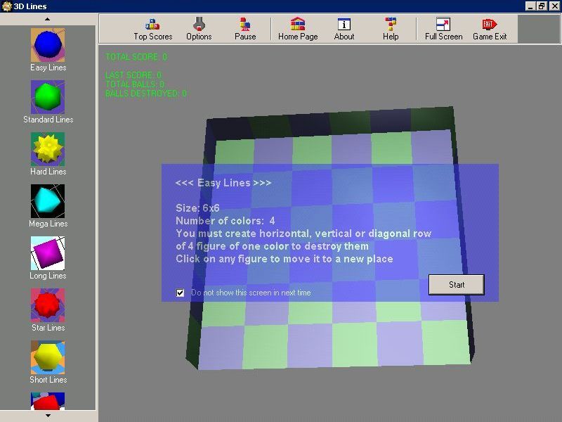3D Lines (Windows) screenshot: The start of an easy game. Supressing the start of game message seems to supress it for all game variations, not just this one.