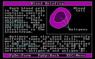 Crime Lab: Case of the Missing Masterpiece (DOS) screenshot: One of the 'Blood Briefing' screens. This sequence of screens describes how different kinds of blood react with each other and with antigens thus allowing a blood type to be determined