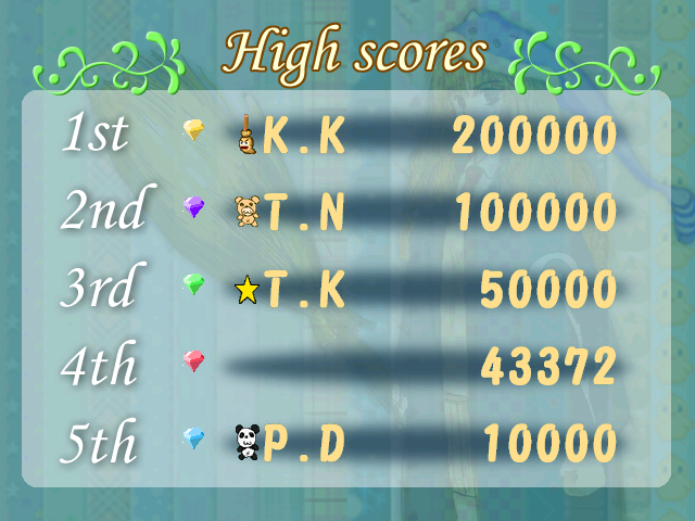 Magical Broom (Windows) screenshot: High score table.