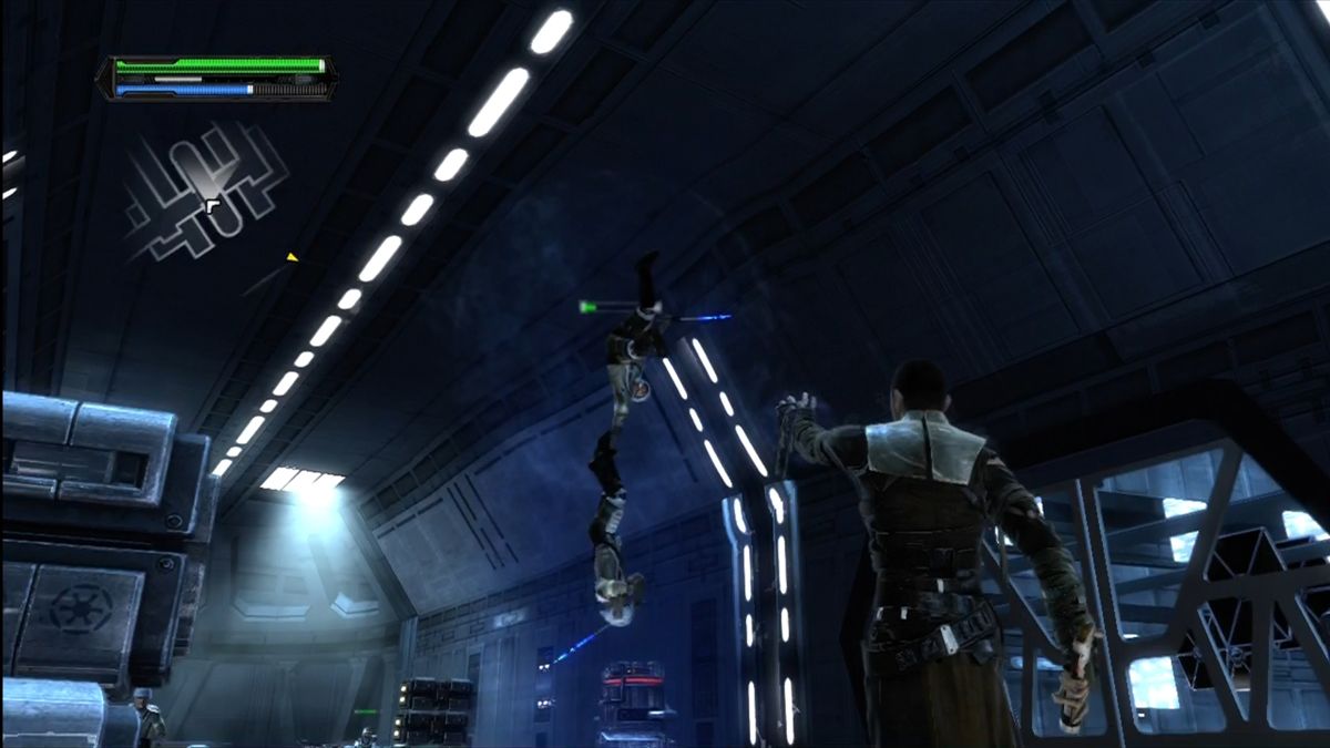 Star Wars: The Force Unleashed (Xbox 360) screenshot: Enemies you levitate will actively try to save themselves, even grabbing on to each other.