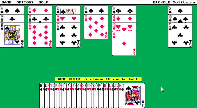 Bicycle Limited Edition (DOS) screenshot: Bicycle Solitaire: Finishing to play the Golf (EGA)