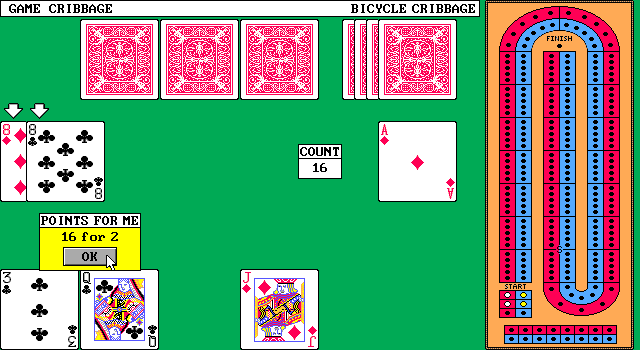 Bicycle Limited Edition (DOS) screenshot: Bicycle Cribbage: Getting the points (EGA)