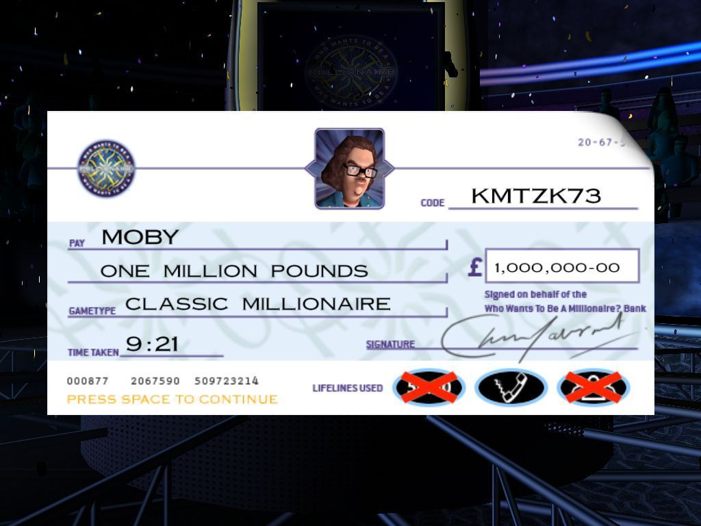 Who Wants to Be a Millionaire: Party Edition (Windows) screenshot: Confirmation of the win
