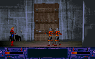 Flash Gordon: Il Rapimento di Dale (DOS) screenshot: Robots guard the entrance to Ming's fortress.