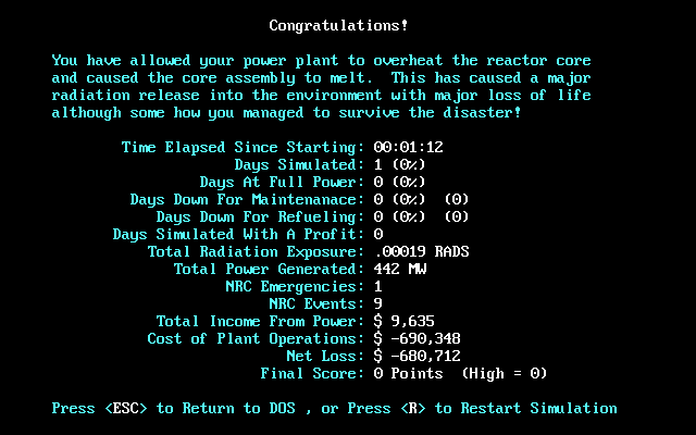Screenshot of The Oakflat Nuclear Power Plant Simulator (DOS, 1988 ...
