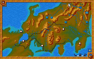 Conquest of Japan (Atari ST) screenshot: The city map in the beginning. We as "diamond" side should move north to the "circle" cities