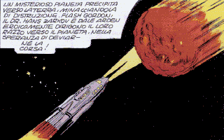 Flash Gordon: Il Rapimento di Dale (DOS) screenshot: Our heroes attempt to divert the alien planet from its course.