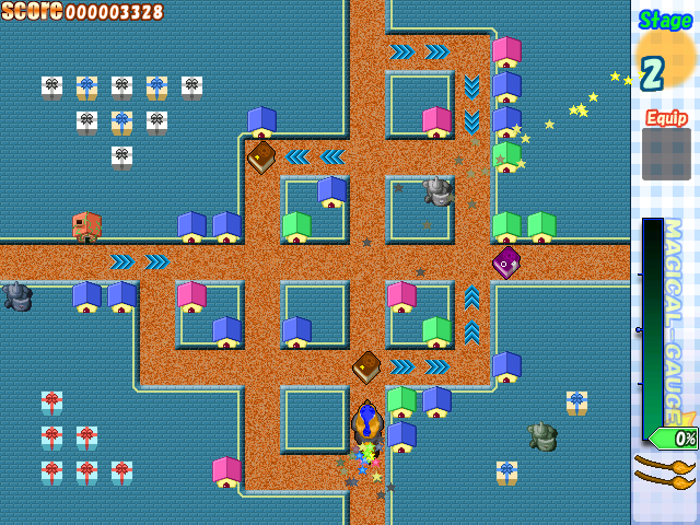 Magical Broom (Windows) screenshot: The books are powerups; each colour is a different kind.