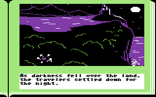 ZorkQuest: Assault on Egreth Castle (Commodore 64) screenshot: Let's camp outside the old haunted castle! That's a great plan!