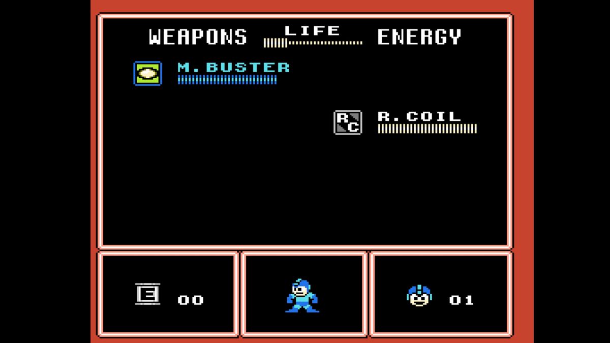 Mega Man: Legacy Collection (PlayStation 4) screenshot: <b>Mega Man IV</b>: Stats showing weapons and life energy