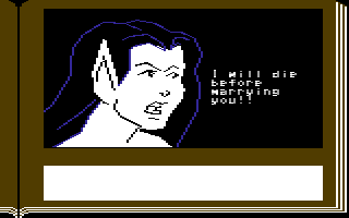 Gamma Force in Pit of a Thousand Screams (Commodore 64) screenshot: Sabrina is not too fond of the idea of marrying the Nast.