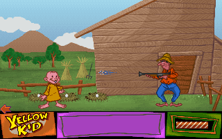 Yellow Kid: Giallo al Circo (DOS) screenshot: To defend his eggs, the farmer will not hesitate to point his shotgun even at a kid.