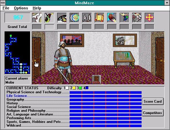 Microsoft Encarta (Included game) (Windows 3.x) screenshot: Encarta 1994: A different room and the background to the progress chart is blue meaning that the question difficulty has been raised to four