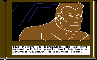 Gamma Force in Pit of a Thousand Screams (Commodore 64) screenshot: Ratchet, the pilot.