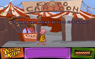 Yellow Kid: Giallo al Circo (DOS) screenshot: Thus starts Mickey's adventure: earn three coins to buy a ticket to the circus.