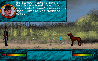 Mandrake: L'Ombra del Cobra (DOS) screenshot: About to fight a guard dog