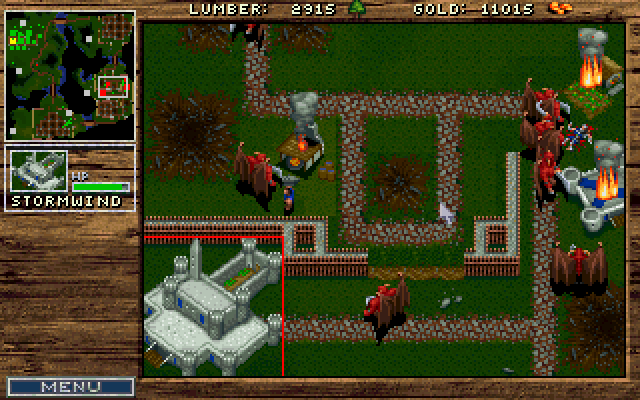 WarCraft: Orcs & Humans (DOS) screenshot: Extinguishing every trace of human existence will open your gate to invade & conquer other worlds in the future.