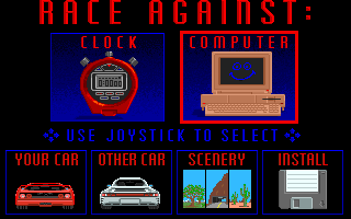 The Duel: Test Drive II (Amiga) screenshot: Main menu.