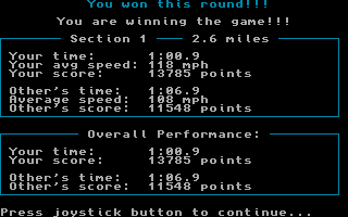 The Duel: Test Drive II (Amiga) screenshot: Stats after race.