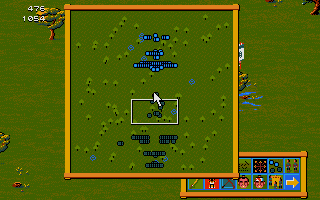 Conquest of Japan (Atari ST) screenshot: Terrain overview - some of our troops are moving forward, the rest is staying in formation behind