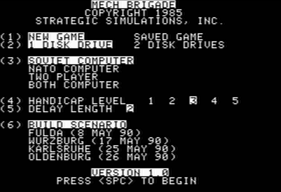 Mech Brigade (Apple II) screenshot: Main Menu