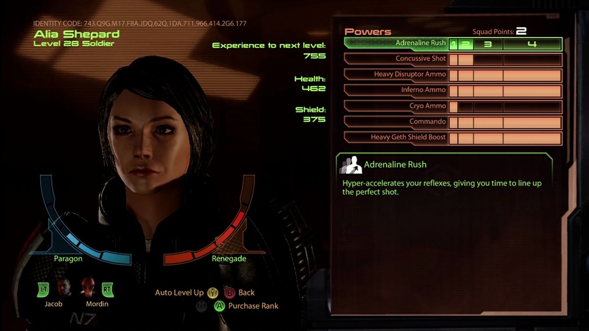 Mass Effect 2 (Xbox 360) screenshot: Profile screen. Skills have been cut down from the first game.