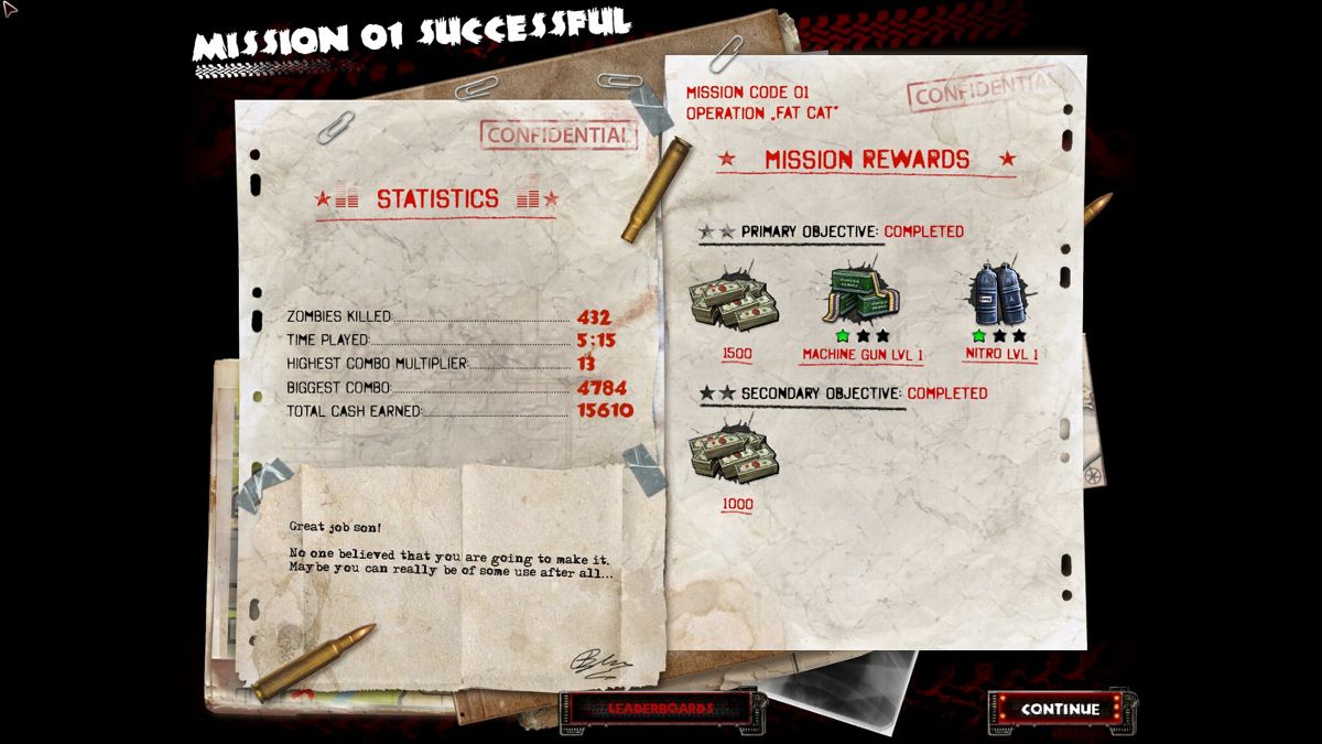 Zombie Driver HD (Windows) screenshot: End of mission stats