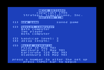 Mech Brigade (Atari 8-bit) screenshot: Main Menu