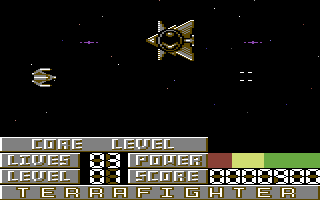 Terrafighter (Commodore 64) screenshot: Big ship to destroy.