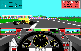 Grand Prix Circuit (DOS) screenshot: The bar above the steering wheel shows the tire wear. Right now it's critical (EGA)