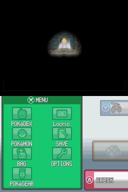 Pokémon HeartGold Version (Nintendo DS) screenshot: This cave is too dark! The entire screen will not be visible here unless a pokémon that knows the move "Flash" is available.