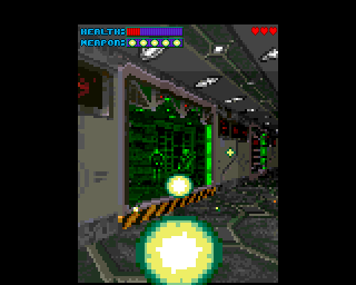 Gloom (Amiga) screenshot: Hostile marines are hidden behind green glass