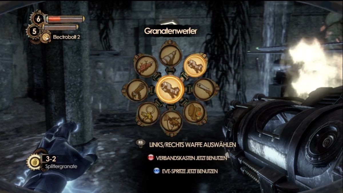 BioShock 2 (Xbox 360) screenshot: The console-release uses a circle-menu for weapon- and plasmid-selection.