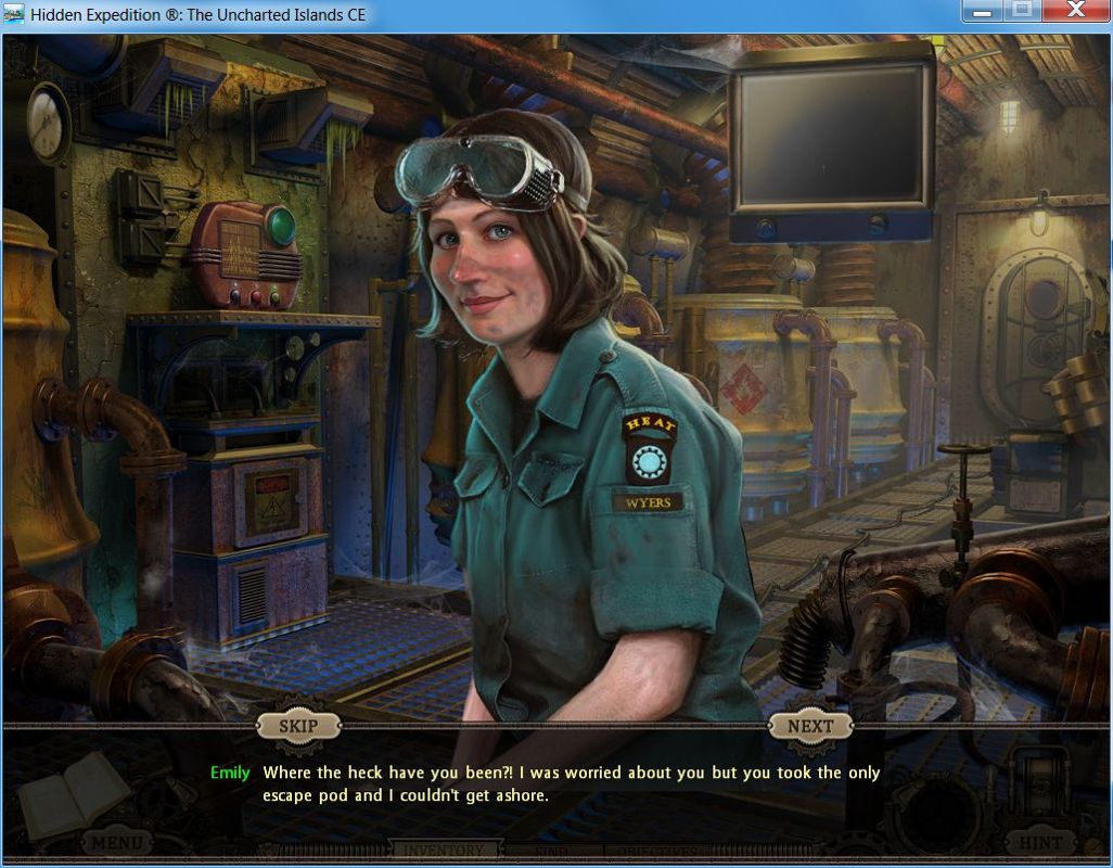 Hidden Expedition: The Uncharted Islands (Collector's Edition) (Windows) screenshot: Bonus chapter: window mode<br>The bonus chapter starts on board the submarine, this is the first dialogue screen and it shows our pal Emily who doesn't do much